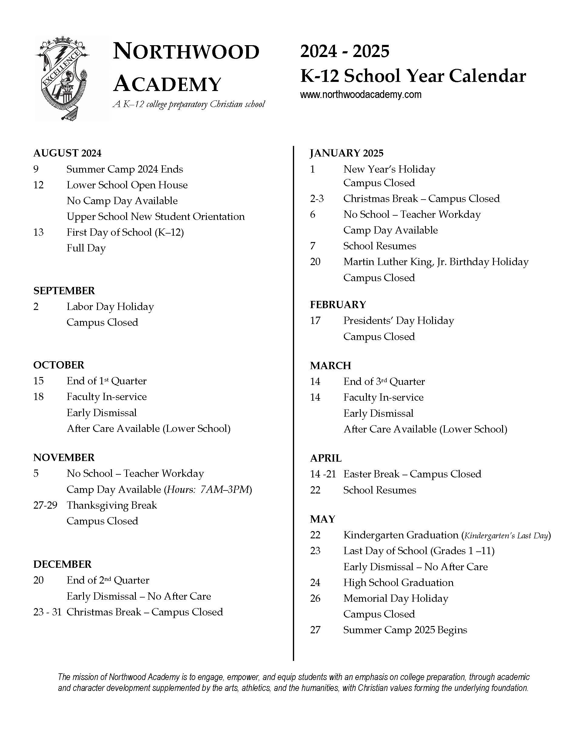 Calendar Northwood Academy